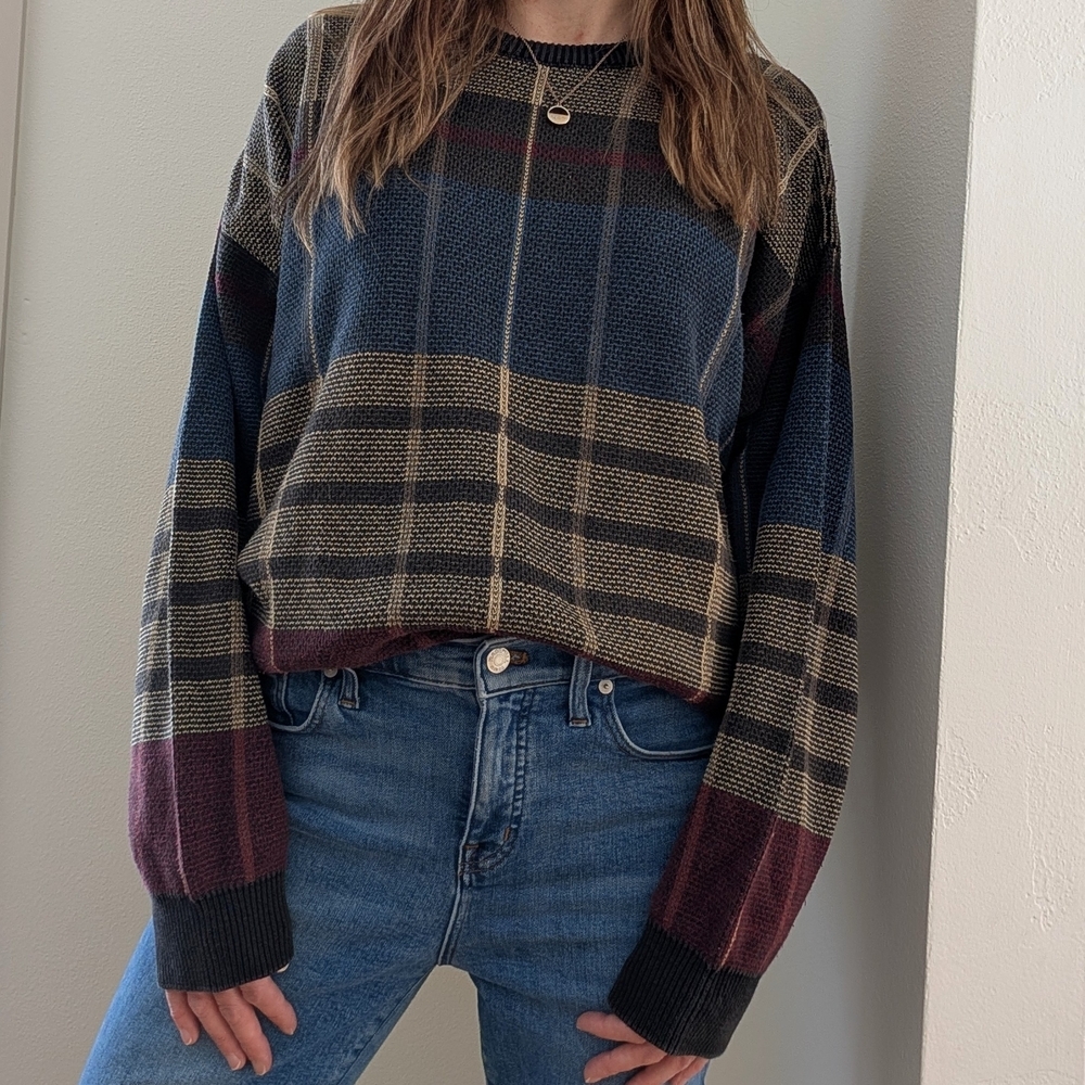 Vintage Striped Abstract Patterned Crewneck Sweater In Charcoal Gray/Blue
